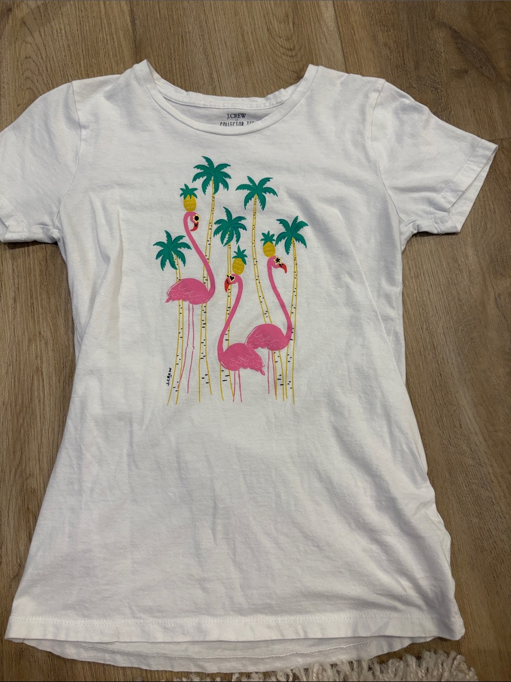 J. Crew White Tee with Pink Flamingo & Green Palms